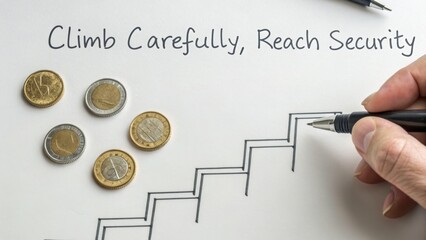 Hand sketching stairs with coins representing financial growth and success