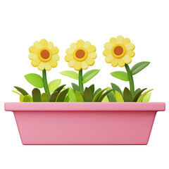 Three Yellow Sunflowers in a Pink Rectangular Planter on a Transparent Background