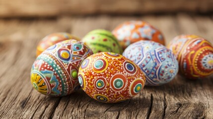 Fototapeta premium Vibrant Easter eggs with intricate patterns in blue, red, orange, green, yellow,