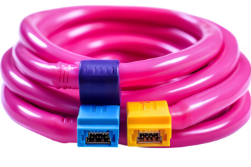 Close up of a tightly coiled bright pink cable with two distinct USB ports One connector is blue and the other is yellow