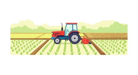Fototapeta premium Red tractor plowing field in agricultural landscape, farming concept.
