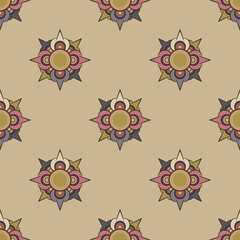 Seamless abstract pattern with geometrical floral mandalas. Stylized star shape flower. Medieval Osman decorative design. On light background.