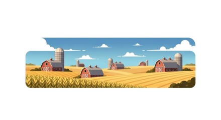 Idyllic Farm Landscape with Barns and Silos Under a Blue Sky.