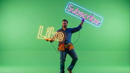Electrician Holding Neon Signs - A smiling electrician stands confidently against a bright green background, holding two neon signs.