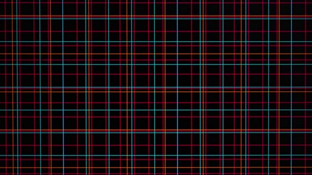 Striking background of moving rectangular colored grids on black, interesting patterns formed by intersecting straight lines, abstract geometric background.