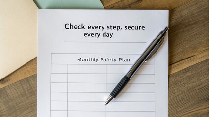 Monthly safety plan document with pen
