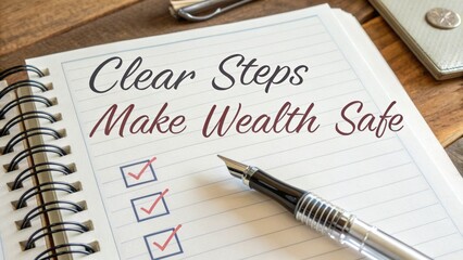 Notebook with checklist and pen detailing clear steps for wealth