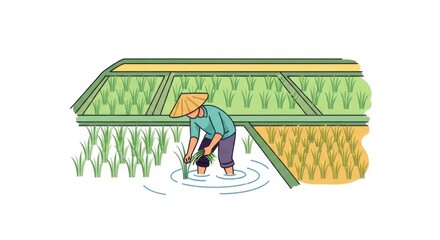 Asian farmer planting rice seedlings in a flooded paddy field illustration.