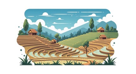 Scenic Terraced Rice Fields Landscape with Houses and Mountains under Blue Sky.