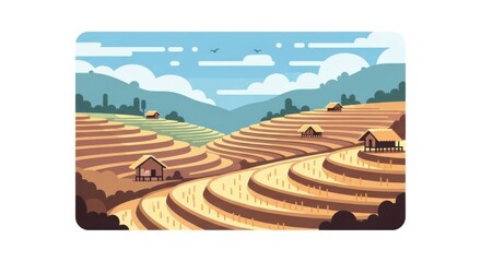 Terraced Rice Fields Landscape with Small Huts and Mountains.
