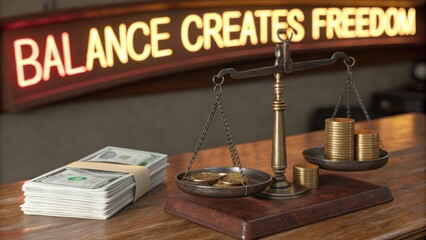 Balance scales with money and coins on wooden desk