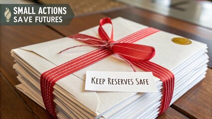 Stack of sealed envelopes tied with red ribbon and 'Keep Reserves Safe' card