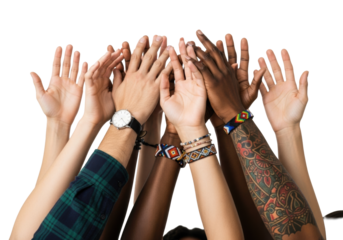 Diverse human arms and hands raised, varied skin tones, wristwatch, bracelets, vibrant tattoos, on a transparent studio background, concept of unity and inclusion