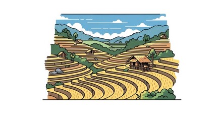 Scenic Terraced Rice Fields with Mountainous Landscape and Rural Houses.