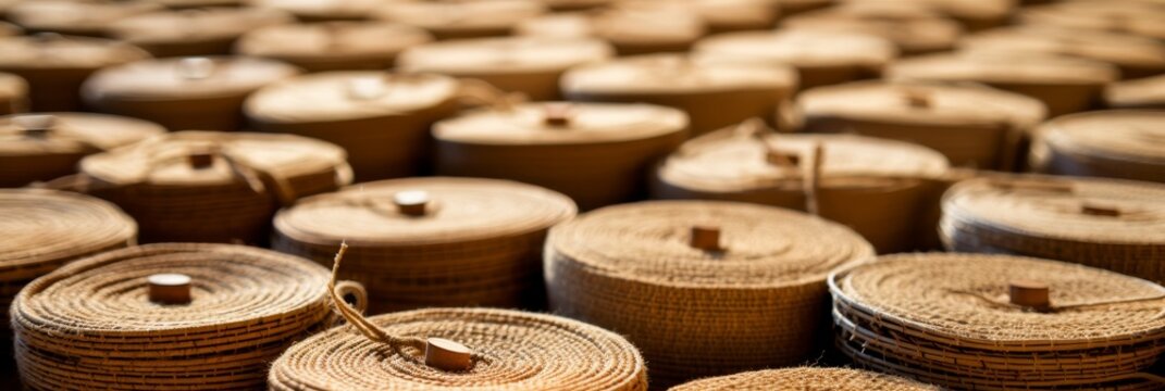 Close up of neatly rolled towels elegantly wrapped in jute thread and tagged for a rustic appeal