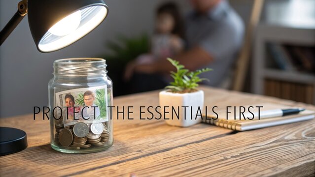 Family saving money in glass jar on wooden desk