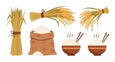 Harvested Rice Grains and Cooked Rice Bowls Collection.
