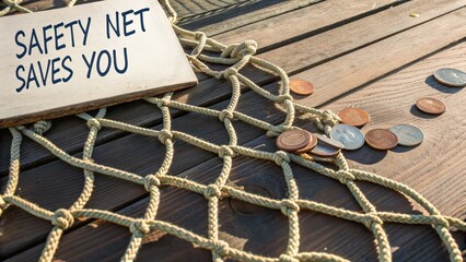 Fishing net with coins on wooden surface representing financial gain