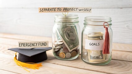 Money jars with graduation cap for education savings and goals