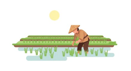 Farmer working in rice paddy field illustration under the sun.