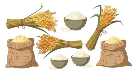 Rice Grains Harvested and Packaged for Distribution.