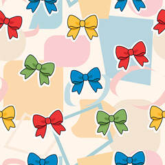 A seamless pattern with bows in a flat design style, multi-colored bows on a background of simple geometric shapes of triangles, circles, and squares.