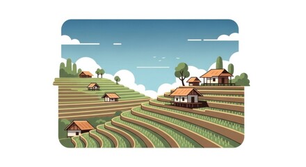 Lush Green Rice Terraces with Traditional Houses Under a Clear Blue Sky.