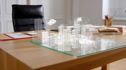 Modern office desk with miniature city hologram display high resolution photo