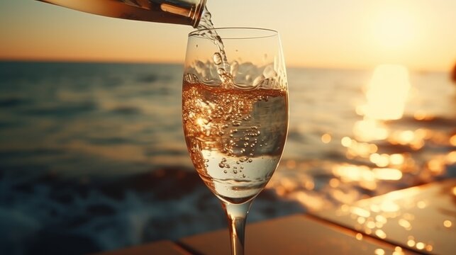Pouring champagne into a crystal glass at sunset  celebrating the golden hour with minimalism