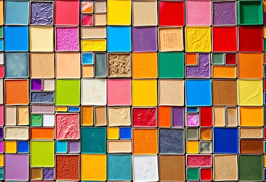 Vibrant mosaic of square tiles in diverse hues, forming an intricate geometric pattern,  colorful background,   glazed