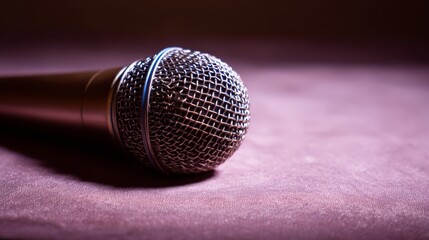 Obraz premium A close-up of a professional microphone lying on its side, detailed grille, metallic sheen, smooth textured background,