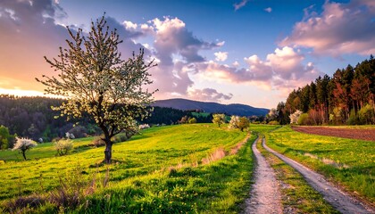 Obraz premium Springtime countryside road at sunset