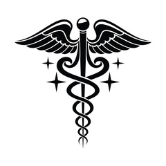 Black & White Medical Logo: Caduceus, Wings, Stars, and Cross