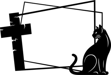 Halloween frame with a grave cross and a black cat