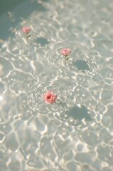 Pink roses floating on water with gentle ripples in sunlight