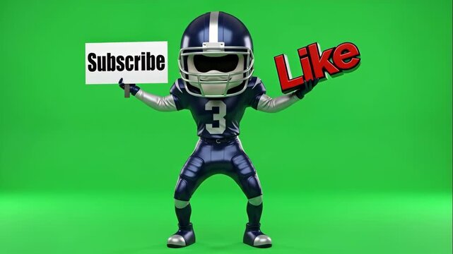 Cheerful Football Mascot Encouraging Likes and Subscriptions - This vibrant video features a cartoon football mascot wearing a blue and silver uniform, standing against a bright green background.