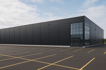 Logistics center, warehouse or large retail store under a blue sky.