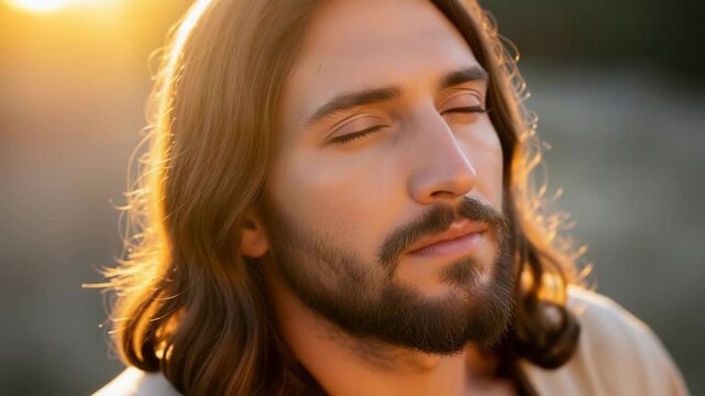 Image depicts Jesus Christ, a spiritual figure with long hair and beard, eyes closed in prayer. Calm and peaceful Jesus Christ embodies divine grace and inner peace, a depiction of faith.