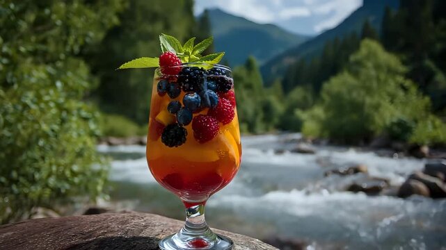 Cold fruit punch with colorful garnish, serene mountain river adding peaceful mood