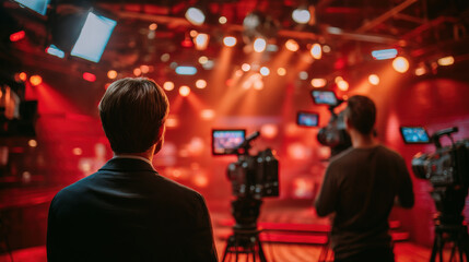 Cinematic low angle shot of film crew in studio, capturing vibrant atmosphere with bright lights and cameras. scene conveys sense of anticipation and creativity