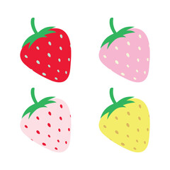Minimal flat vector illustration of four strawberries in different colors - yellow, red, pink, and white. Simple fruity design perfect for food graphics, summer patterns, healthy lifestyle concepts.