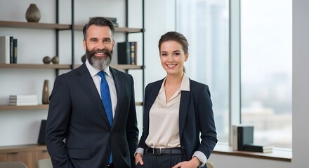 Smiling businessman with beard and young woman in business casual, modern office teamwork portrait