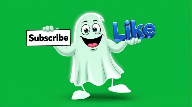 Cartoon Ghost Asking for Likes and Subscriptions - A cartoon ghost with googly eyes is shown holding a "Subscribe" sign in one hand and the word "Like" in the other hand.