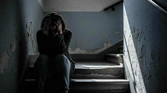 Depressed woman sitting on stairs in an abandoned building is experiencing mental health issues, her face hidden in her hands. This feeling of mental health issues brings to light deeper challenges,