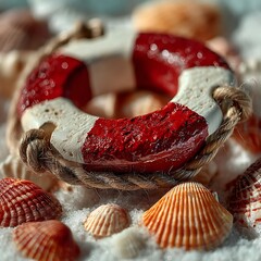 Maritime lifebuoy with rope on sand picture