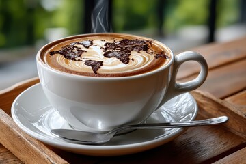 Steaming cup of coffee with world map latte art