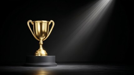 A solitary golden trophy cup stands on a dark pedestal against a black background,