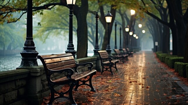 Vibrant urban street scene captured after a refreshing rain shower with reflections and atmosphere