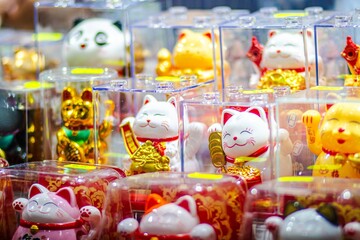 Colorful collection of decorative figurines featuring various lucky cat designs, displayed in clear packaging, showcasing vibrant colors and intricate details, symbolizing prosperity and good fortune