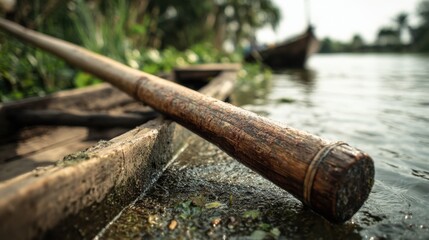 Serene Rowing: A close-up shot features a wooden oar resting in a small, wooden boat, the blurred backdrop revealing a tranquil waterway.